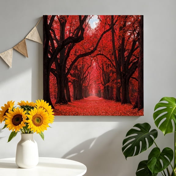 Fall Forest Canvas Wall Art, Country Rustic Red Black Tree Leaf Path Landscape Pictures Wall Decor Wooden Framed Artwork Art Prints for Living Room Hallway Bedroom Office 8"x8"