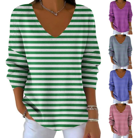 Feancey Womens Plus Size Cotton Sweaters Fall Trendy Striped Knitted Tops Loose Fit Casual Long Sleeve V Neck Sweater Soft Knit Jumpers Pink 4XL
