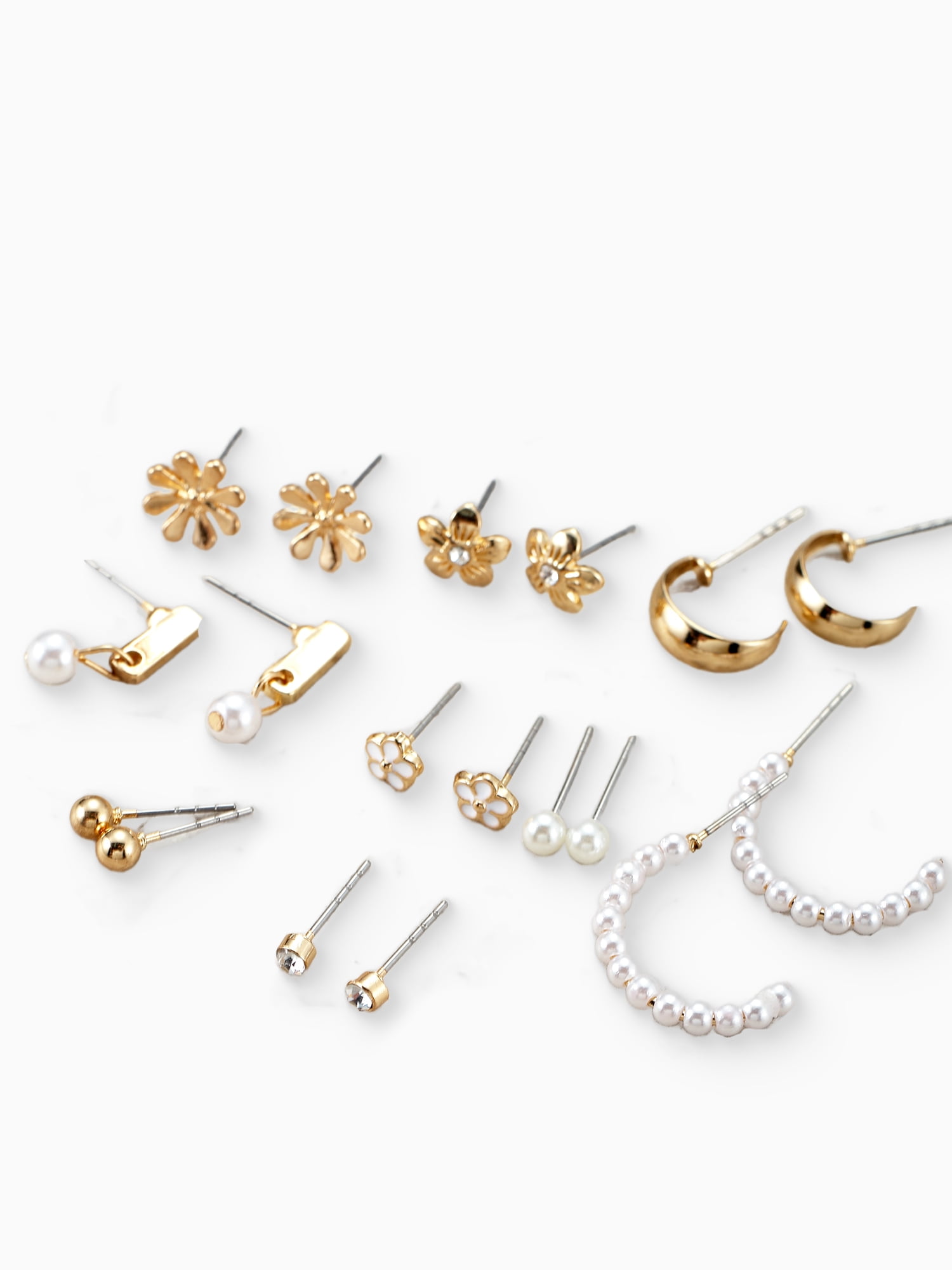 Time and Tru Womens Gold Mini Stud and Hoop Earring Collection, Flower Motif, 9 Pairs