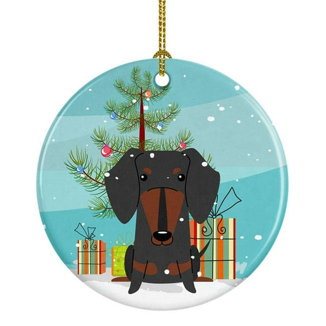 Merry Christmas Tree Dachshund Black Tan Ceramic Ornament