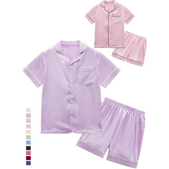 GYRATEDREAM Kids Satin Pajamas Sets Girls Boys Button-Down Pjs Short Sleeve Silk Nightwear 2 Pcs Lounge Sets 4-14Y