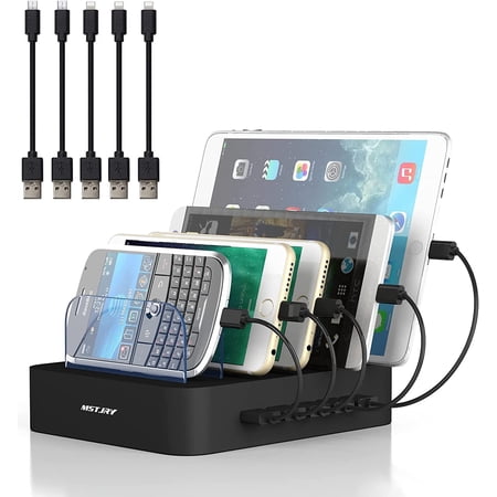 Usb Charging Station For , Mstjry Dock Switch Cell Phone 5-Port Charging Station, Designed For Iphone Ipad Cell Phone Tablet (Black, 6 Short Cables Included)