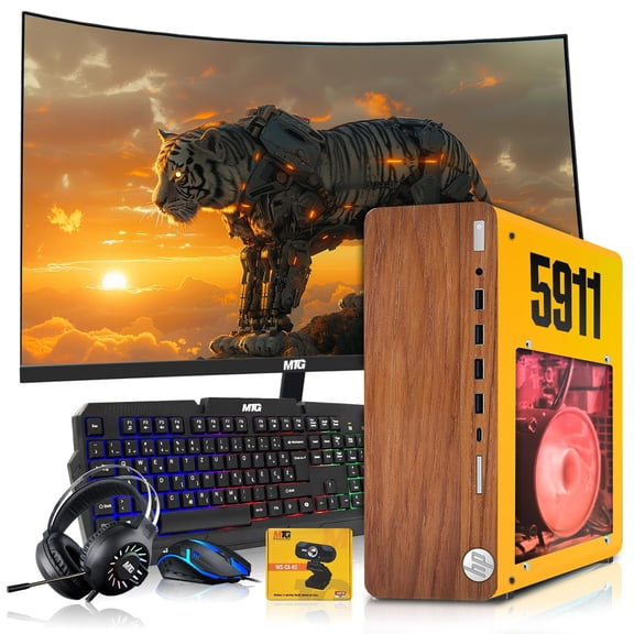 Restored HP Full Dark Gaming PC Desktop Computer 5911 AMD A10-9700, RX 550, 16GB RAM, 512GB SSD, 32 Inch Curved Monitor, RGB KBM with AI Copilot, WiFi, RGB Headphone, Webcam, Windows 11