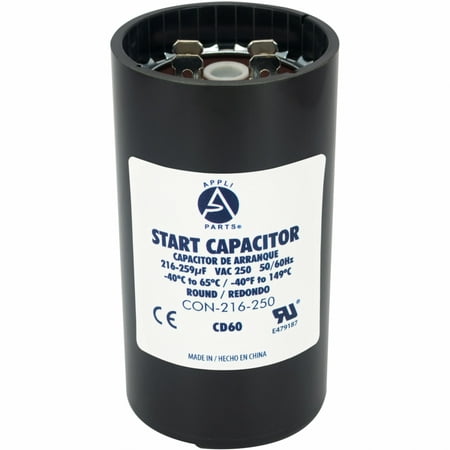 

Appli Parts motor start capacitor 216-259 Mfd (microfarads) uF 250VAC universal fit for electric motor applications 1-3/4 in Wide 3-3/8 in Height CON-216-250
