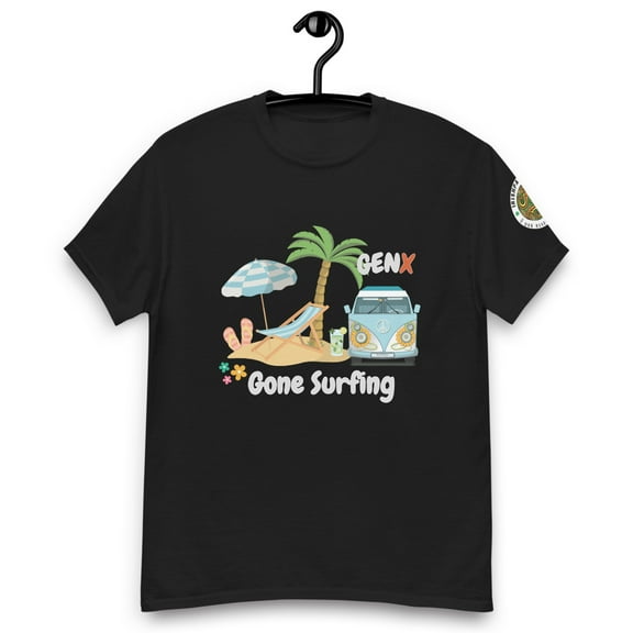 Gen X Gone Surfing – Retro Beach Vibes T-Shirt (Black, S)