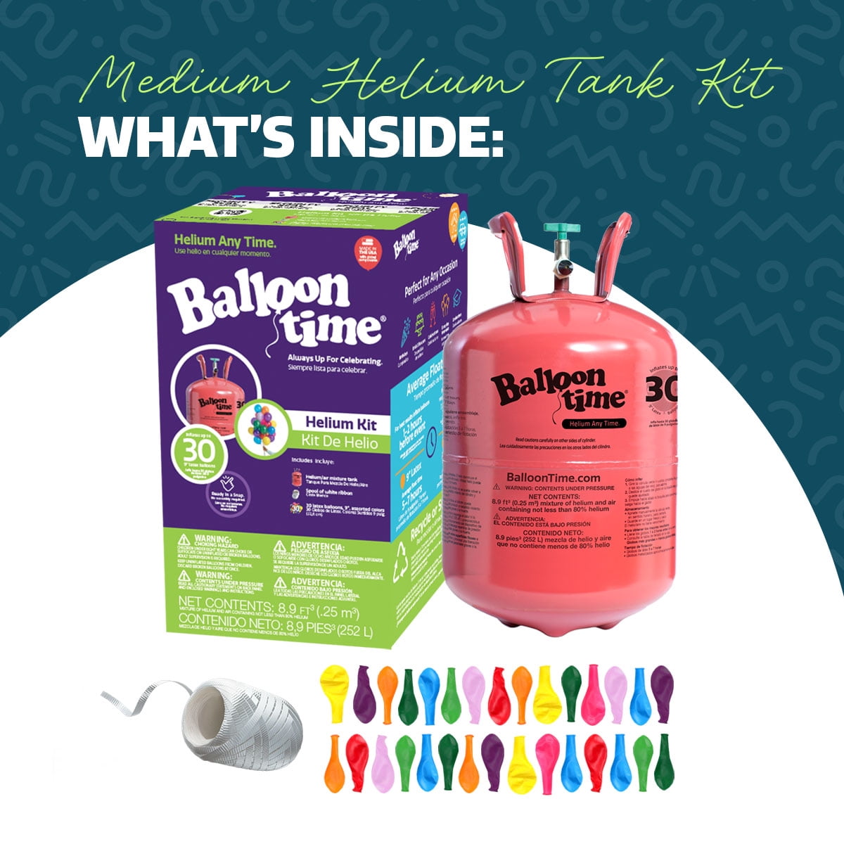 Balloon Time Medium Helium Tank Kit – Portable Helium Balloon Tank with Ribbon and Balloons