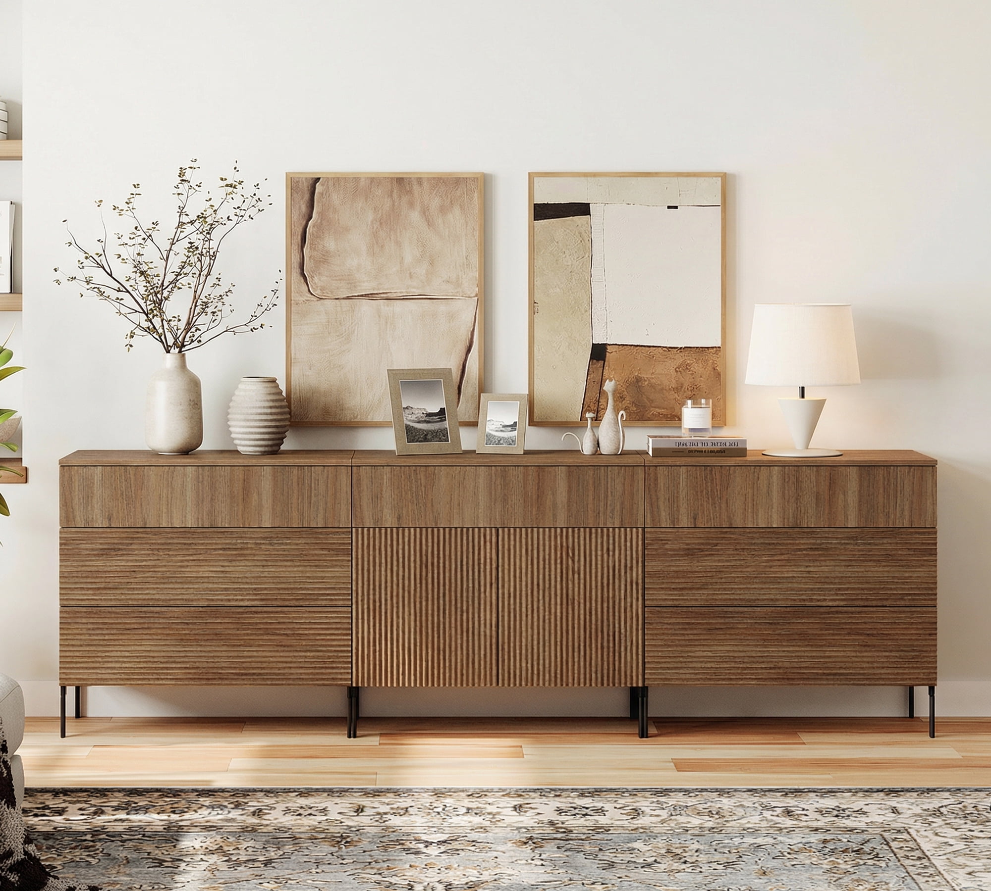 94.5" Reeded Accent Chest Set with Doors and Drawers, Modern Credenza Storage Cabinet with Metal Legs for Living Room, Kitchen, Dining Room, Hallway