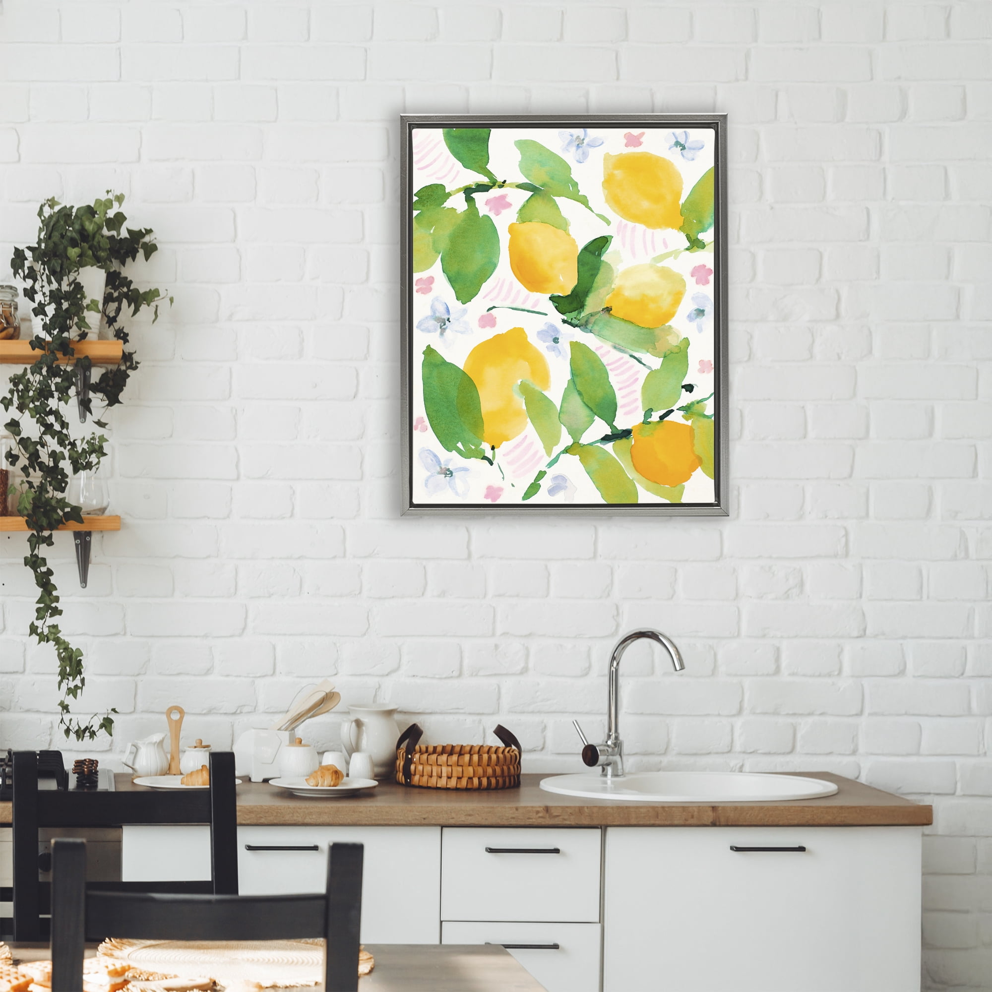 Stupell Industries Garden Lemons with Pastel Florals Gray Framed Floater Canvas Wall Art, design by Lanie Loreth
