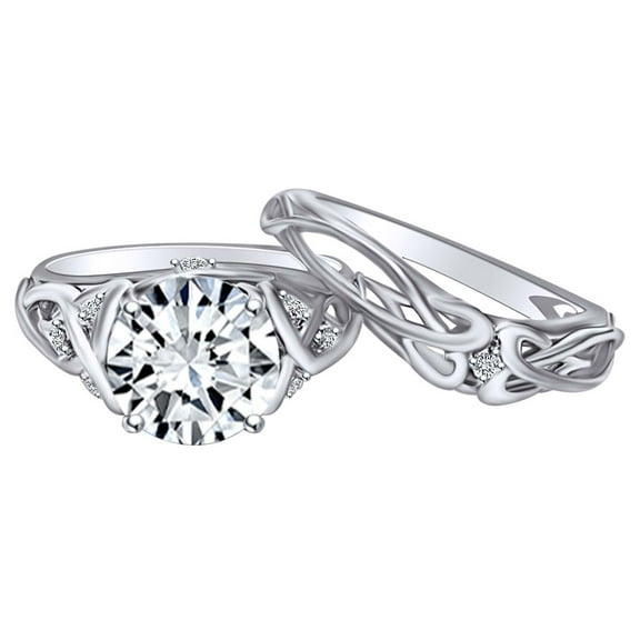 AFFY 2.09 Carat Round Shape Moissanite & Natural Diamond Unique Engagement Ring Set 14K Solid White Gold Ring Size-5