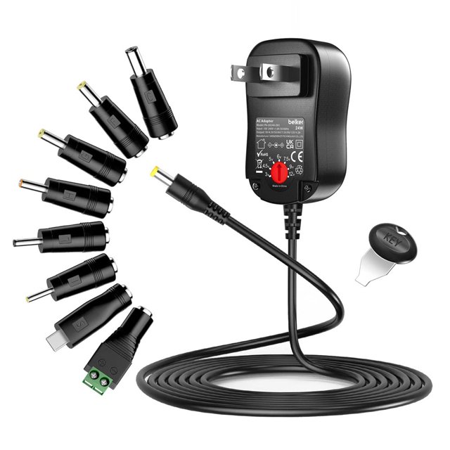 Adaptador universal de CA/CC Belker de 24 W, fuente de alimentación conmutada regulada de voltaje múltiple con 9 enchufes adaptadores seleccionables para aparatos electrónicos domésticos de 3 V, 4,5 V