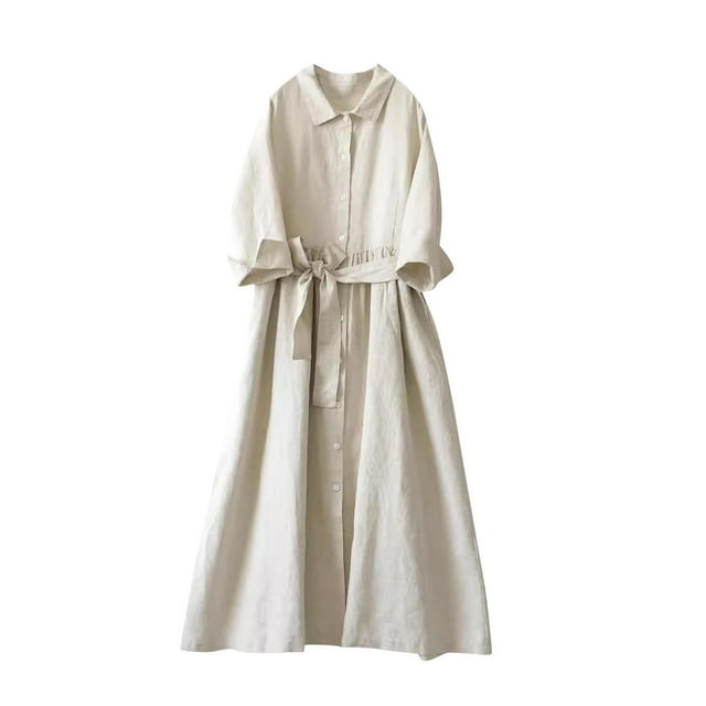 Pisexur Robes d'Été pour Femmes Mode Couleur Unie Robe en Coton et Lin Tunique Décontractée Robe Maxi à Cordon Col Rabattu Robe Boutonnée Robe de Plage Fluide à Manches 3/4 Col en V
