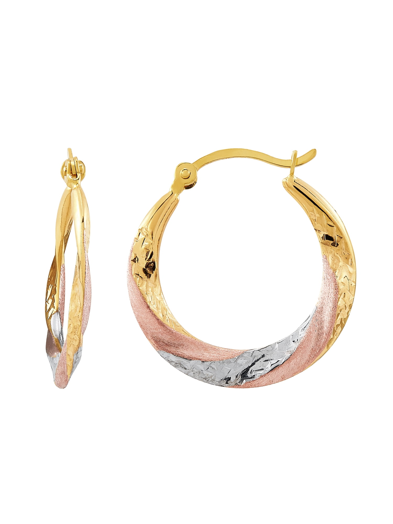 14K with White & Rose Rhodium Textured Twisted Hoop Earrings