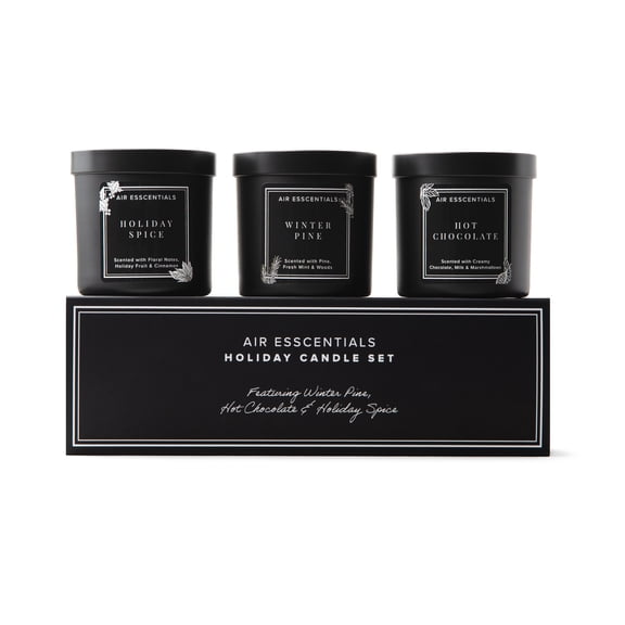 Air Esscentials Warm & Cozy Scented Candles, Holiday Candle Gift Set, Winter Pine, Holiday Spice & Hot Chocolate Scents, Christmas in July Candles, 3 Pack, 5 oz, 15-Hour Burn Time