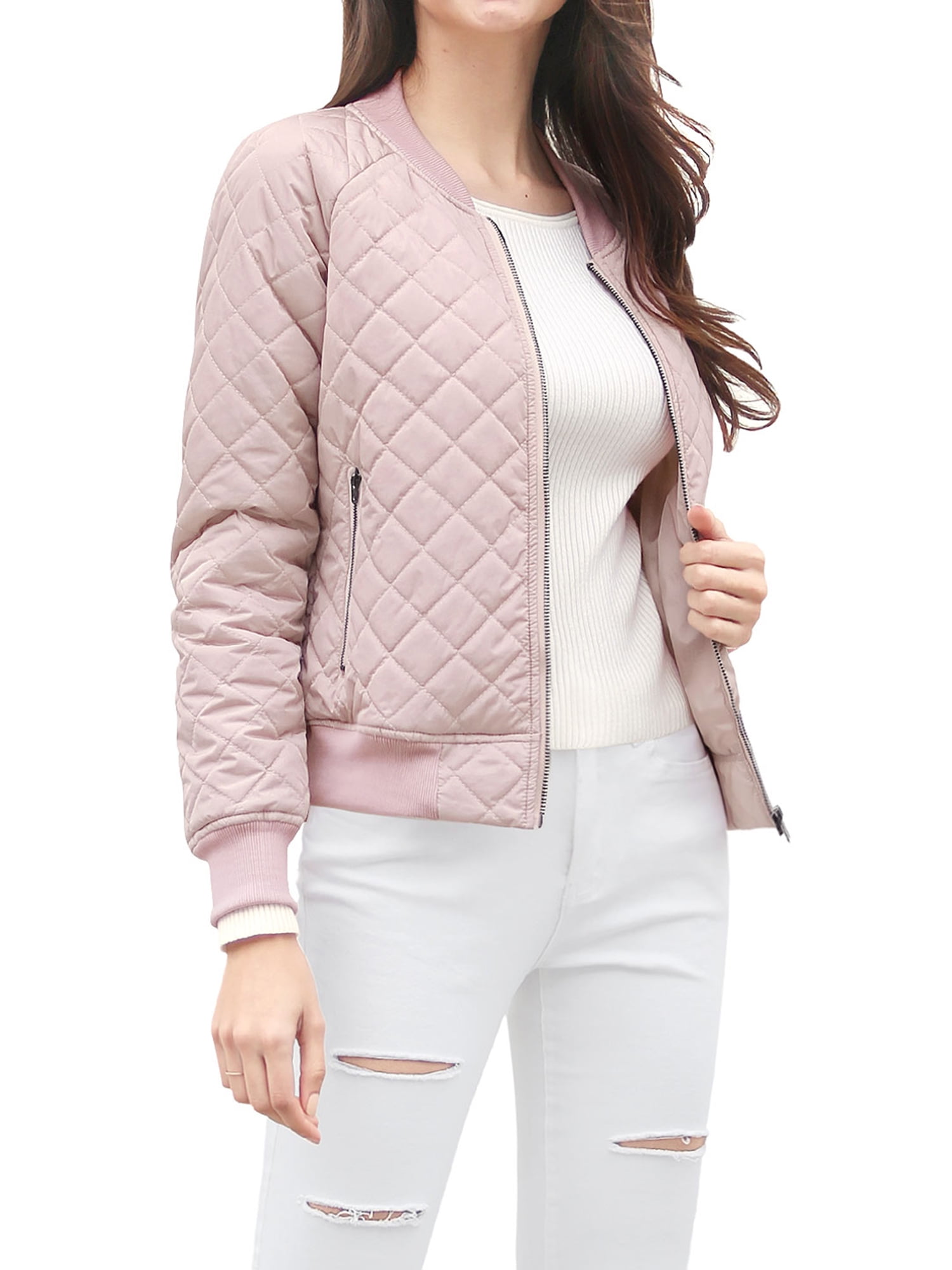 Women Quilted Zip Up Raglan Sleeves Bomber Jacket Pink (Size XS/2