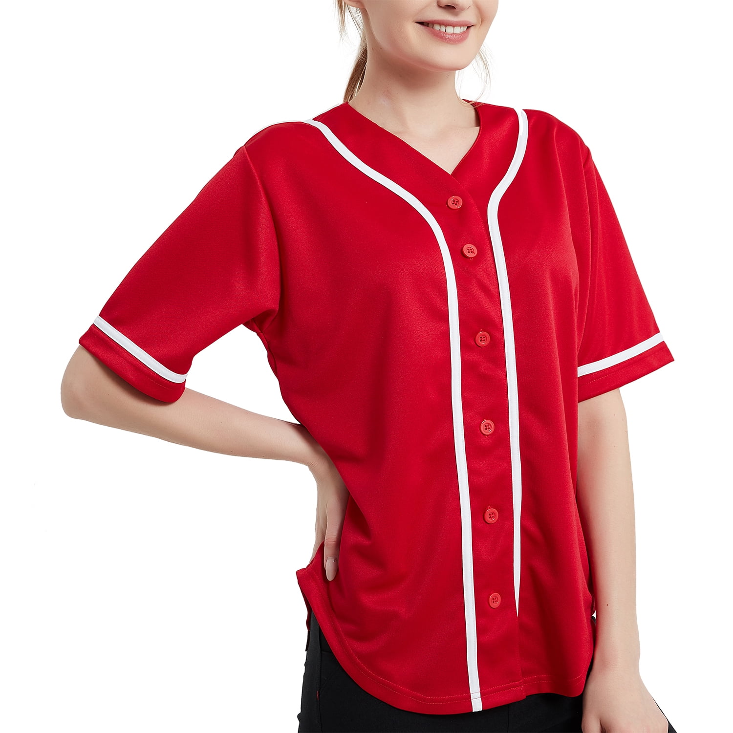 Toptie Women's Baseball Jersey Hip Hop Hipster Button Down Baseball T-shirt-Red White-L, Size: Large