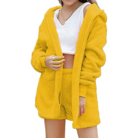 

UKAP Women Open Front Drawstring Pjs Hooded Pajamas Hoodies Winter Warm Long Sleeve Casual Sleepwear Tops and Shorts Yellow 3XL