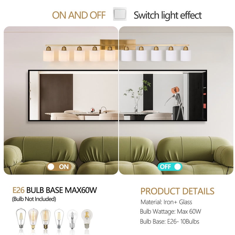 65" Gold Modern Bathroom Vanity Light Fixture - 10-Light Wall Sconce with Milky White Glass Shades for Mirror, Bedroom & Living Room (Bulbs Not Included)