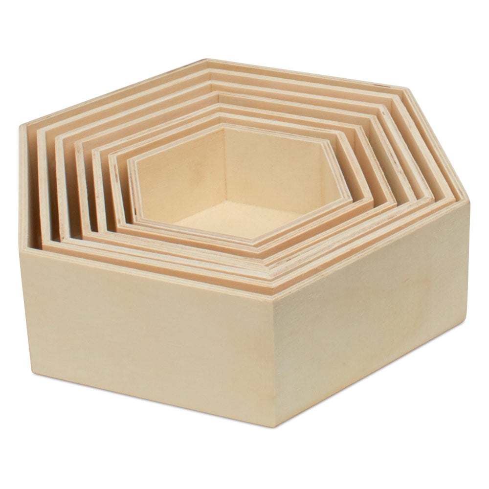 Wooden Hexagon Floating Shelves with Backs, Set of 7, Unfinished for Crafts and DIY Wall Décor: Modern, Geometric, Rustic, or Honeycomb, by Woodpeckers