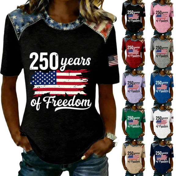 KDDYLITQ Womens 250th Anniversary Usa Shirts 4th Of July Usa Flag Crew Neck T-Shirts American Birthday Printed Summer Tops American Flag Loose Short Sleeve Tees Blue S
