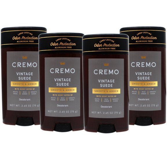 4 Pack - Cremo Vintage Suede Aluminum Free Deodorant for Men, Long- Lasting Odor Protection, 2.65 OZ