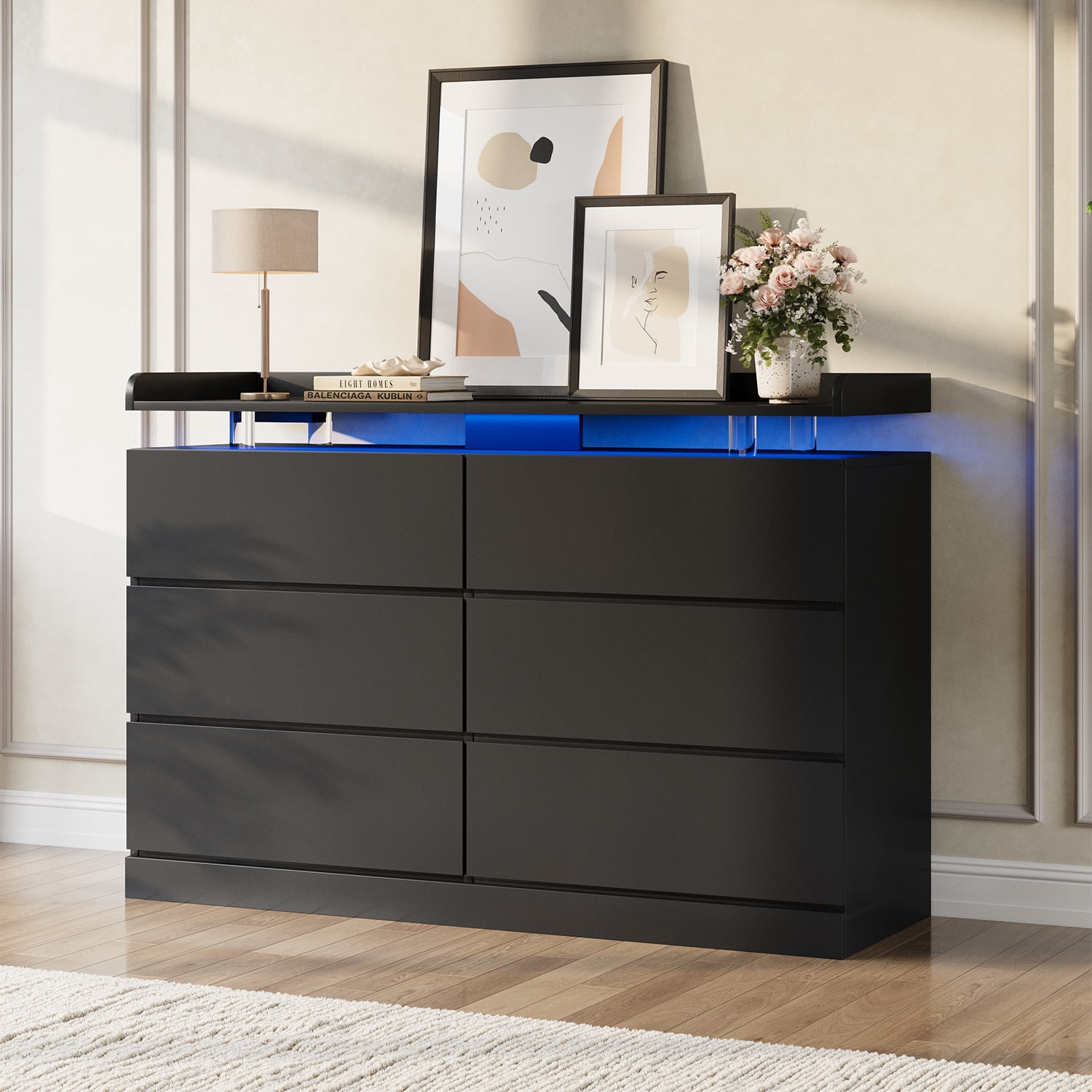 BaPiPro 47-Inch Black 6 Drawer Dresser, Modern High Gloss Chest with LED Light & Glass Tabletop, Large Capacity Storage Cabinet for Bedroom or Living Room