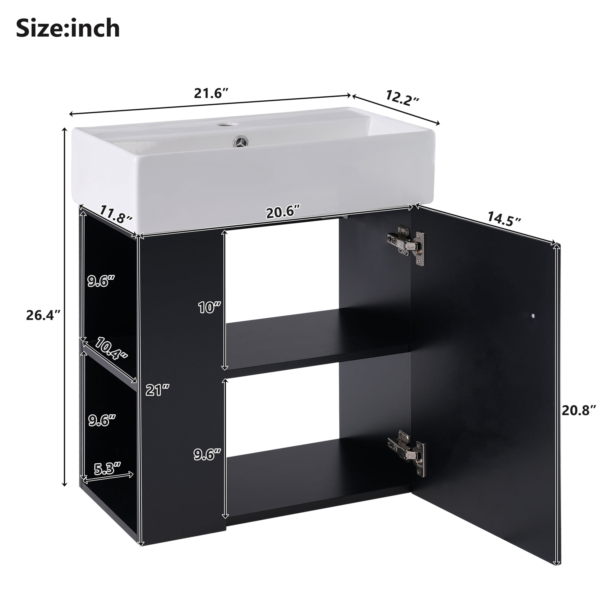 Euroco 21.6 inch Modern Floating Bathroom Vanity with Ceramic Basin - Perfect for Small Bathrooms, Left side storage