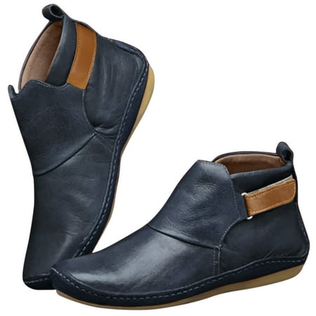 

nsendm Womens Winter Boots Wide Width Pure Loop Leather Casual Color Fashion Flat Hook Boots Womens Heeled Boots 6.5 Blue 9