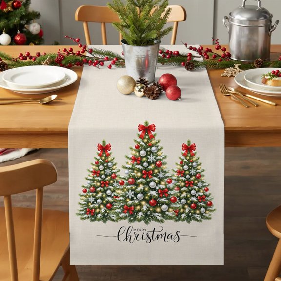 Table Runner 70 Inches Long - Red Bow Christmas Trees Decorative Table Scarf, Retro Linen Background Dining Table Runners for Wedding Party Kitchen Dining Tables