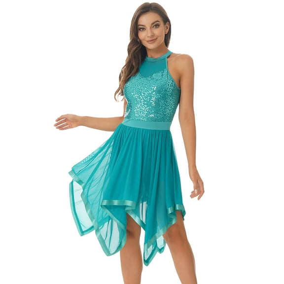 Jhaoyu Women Asymmetrical Hem Mesh Dresses Dance Performance Costume Lyrical Dance Dress Green M