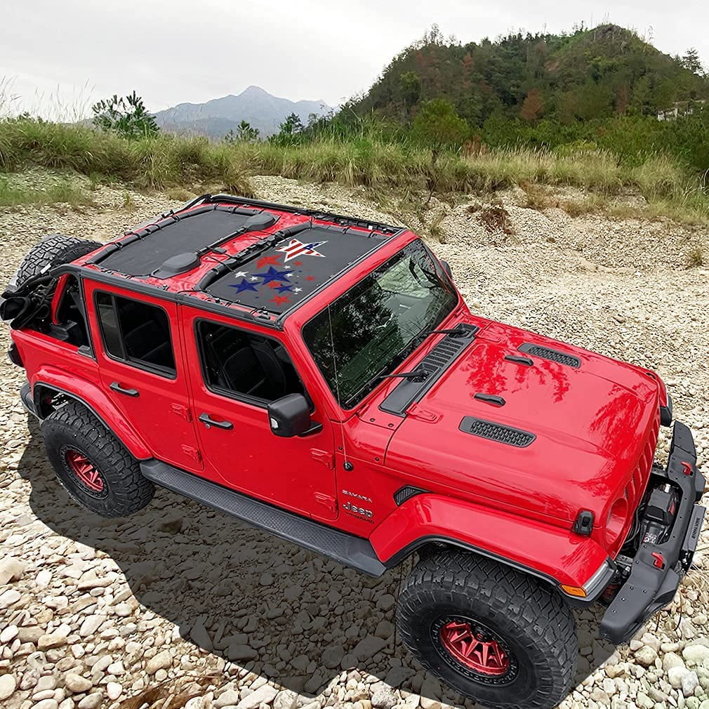 Shadeidea Jeep Wrangler Sun Shade JL 4 Door Top Sunshade, Front & Rear -(Black Mesh Screen Sunblock Cover, NO FADED Falling Star) Cover JLU (2018-Current), UV Blocker -11 Years Lasting