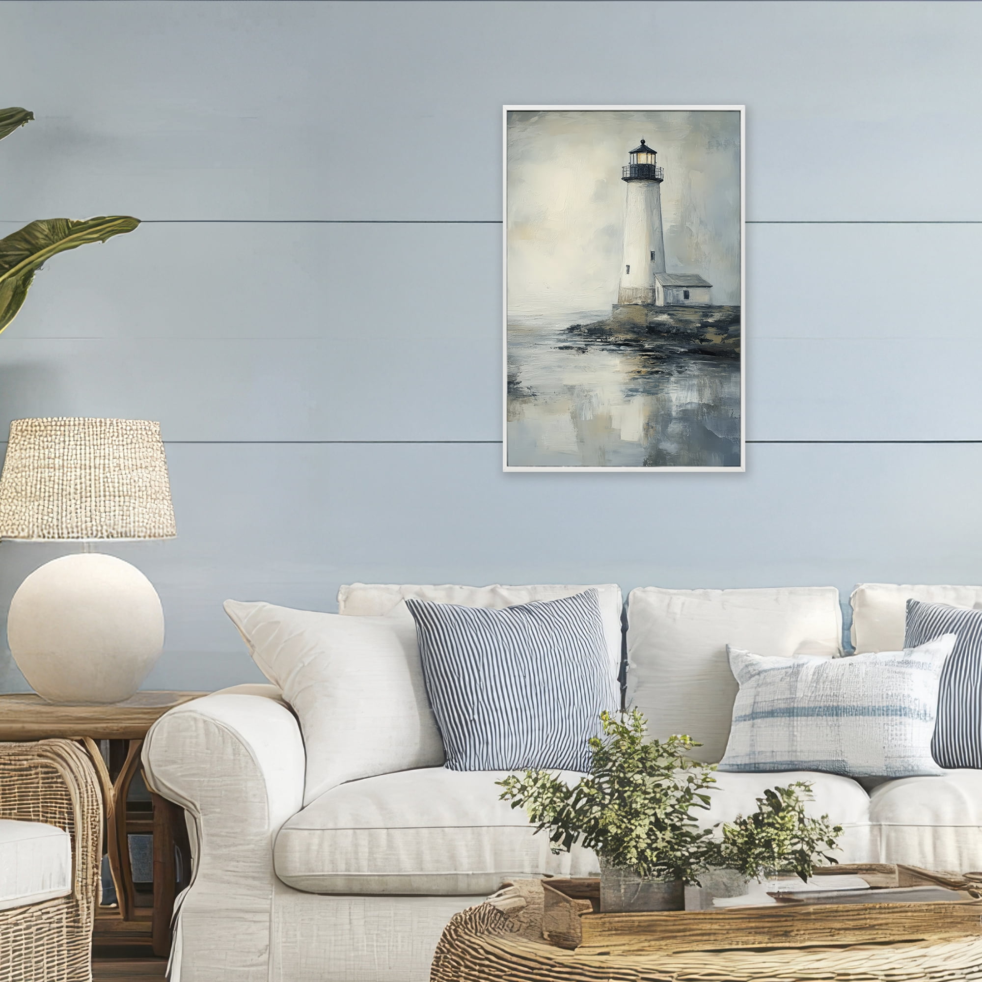 Stupell Industries Moody Lighthouse Reflecting White Framed Giclee Art, design by Petal Prints Design