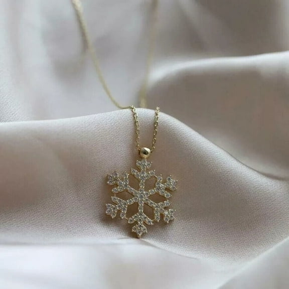 2CT Natural MoissaniteDiamond Womens Snowflake Pendant Necklace in 14K Yellow Gold Plated