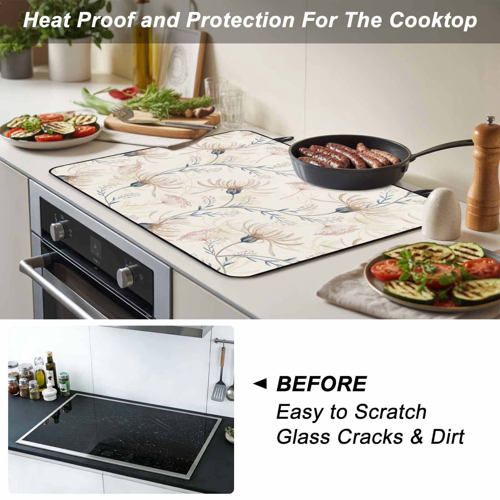 Beige Flowers Stove Top Cover for Electric Stove, Heat-proof & Non Slip Glass Top Stove Cover Protector, Watercolor Farmhouse Botanical Floral Kitchen Flat Cooktop Rubber Mat 24x21 Inches