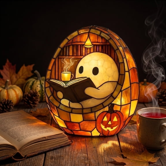 Halloween Ghost Reading Book LED Figurine, Resin Desk Lamp with Warm Light for Home Office Shelf Decor