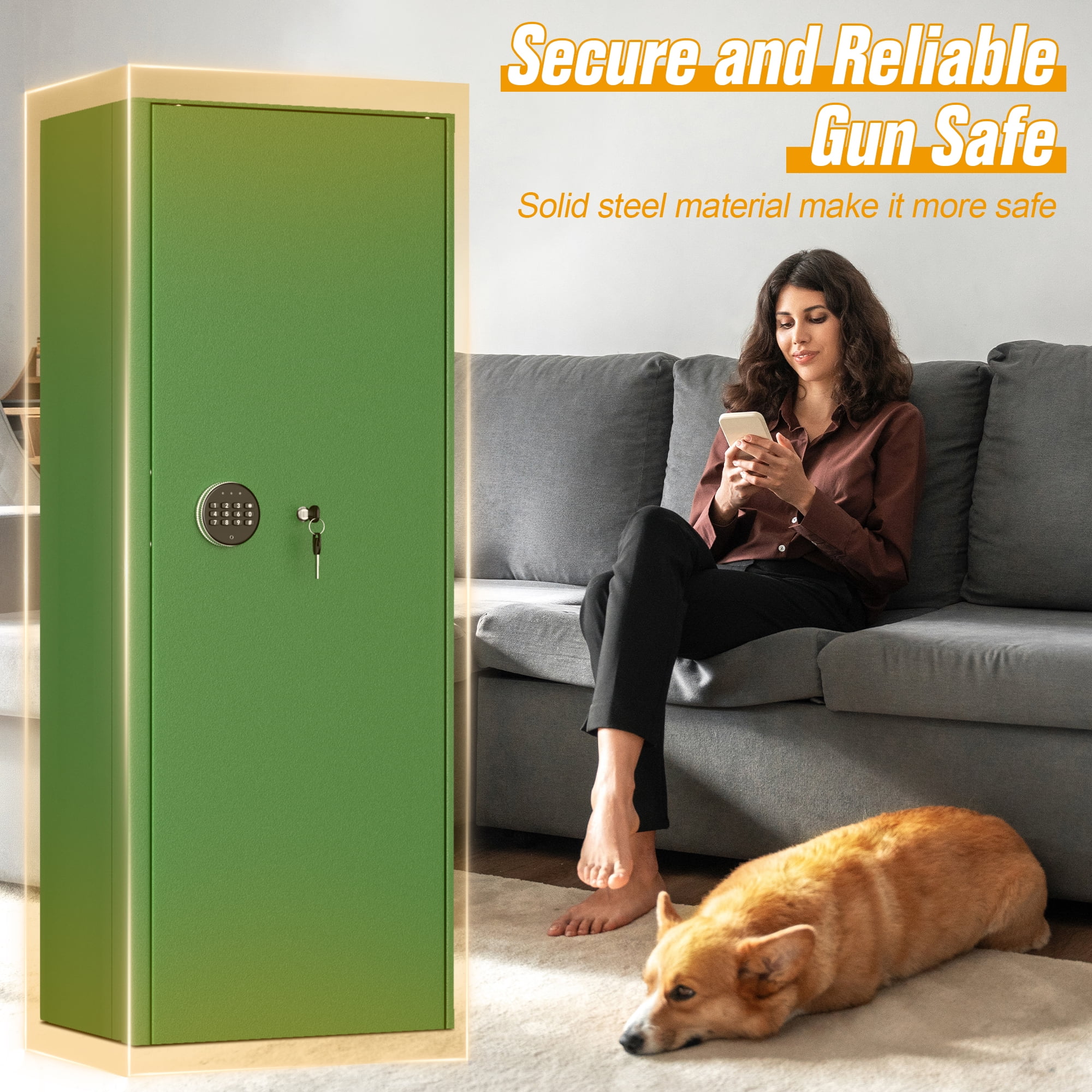 SUNCROWN 12-15 Gun Safe for Rifles and Pistols,Quick Access Rifle Gun Safe with Keyboard Lock, Gun Cabinets for Rifles and Shotguns with Pocket and Rifle Rack for Home（Green）
