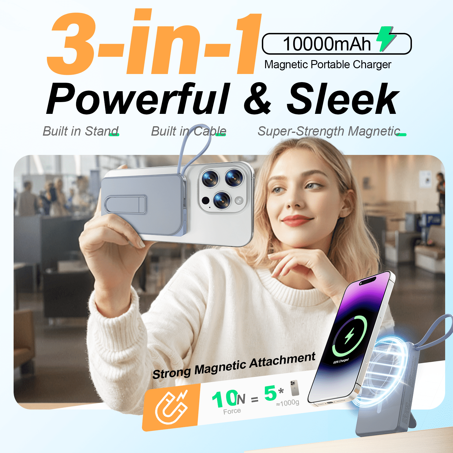 Magnetic Wireless Portable Charger, 10000mAh Power Bank 22.5W Fast Charging Battery Pack Compatible with iPhone 17/16/15/14/13 Series, Blue