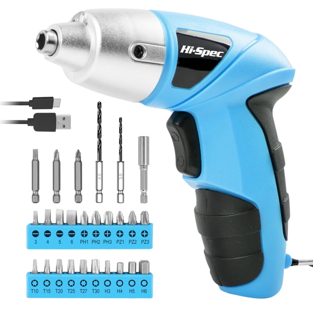 Destornillador eléctrico Hi-Spec de 3,6 V con juego de brocas de 27 piezas, color azul
