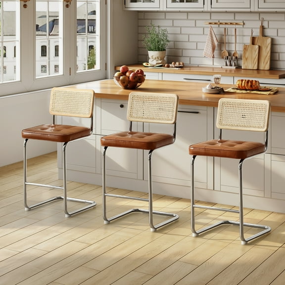 Zesthouse 26″ Natural Rattan Counter Stools Set of 3, Mid Century Modern Bar Stools with Cane Back & Chrome Legs, Cantilevered Design, Upholstered Faux Leather Barstools for Kitchen Island, Brown
