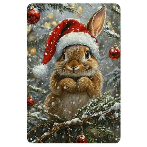 1pc Vintage Christmas Bunny Metal Sign, Iron Wall Art with Santa Hat and Evergreen Tree Decorations, Indoor/Outdoor Festive Decoration for Home, Bar, Cafe, Garden, Farmhouse - 8x12 inches
