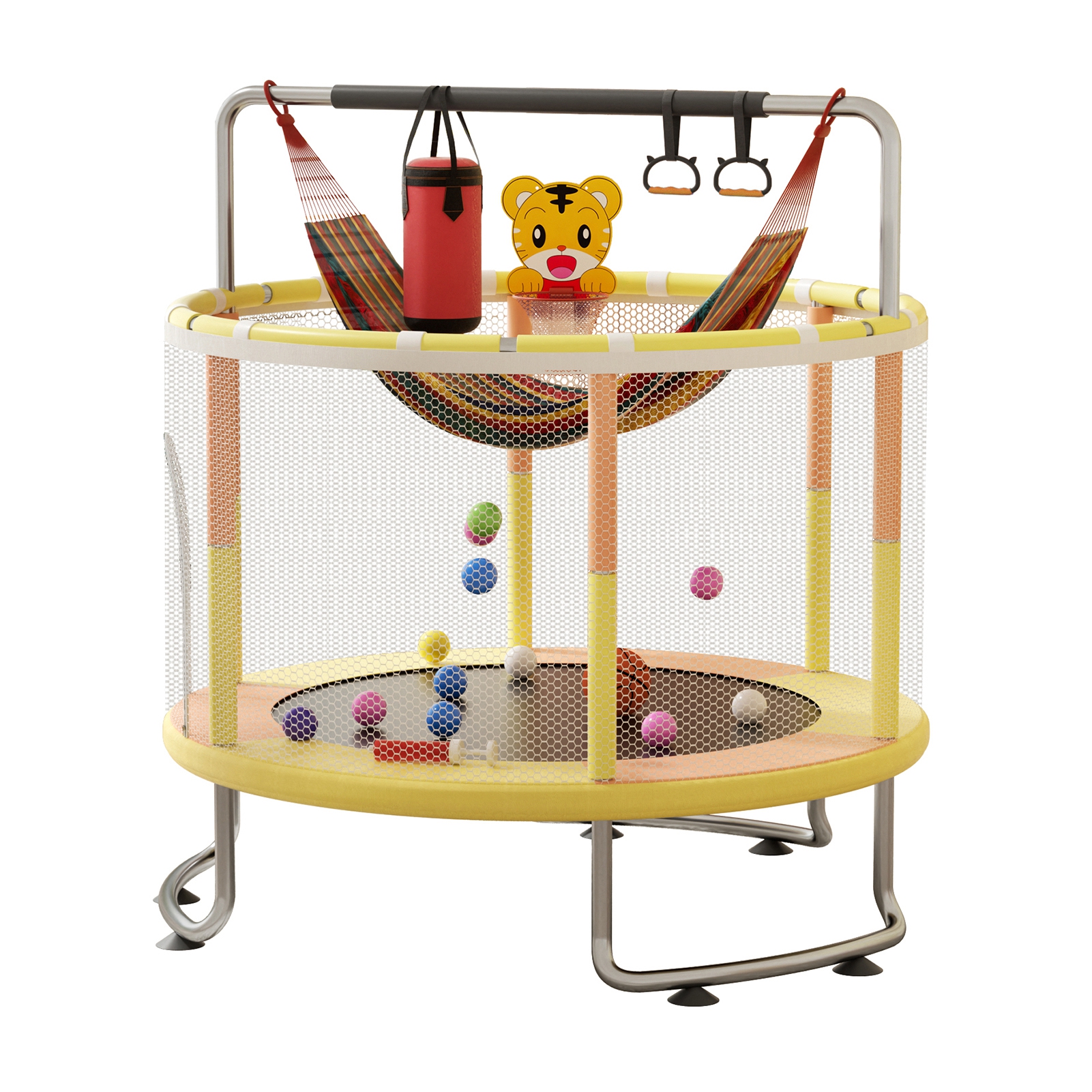 AOJA 5FT Kids Trampoline with Basketball Hoop & Swing, Toddler Jumper with Safety Enclosure Net, Adjustable Gym Bar, 440lbs Capacity Indoor Outdoor Play Jumping Toy for Ages 1+, Yellow