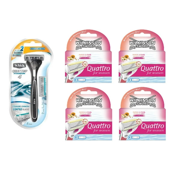 Schick Quattro Titanium 1 Razor with 2 Refill Blades and Wilkinson Quattro for Women Refill Blades, 12 count