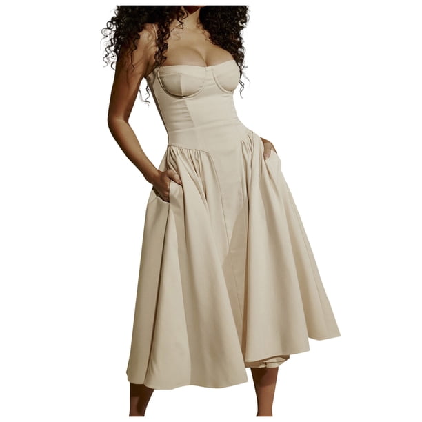 Vestido sin mangas y sin espalda para mujer - Vestido largo de color liso con corte en A, poliéster, ropa de fiesta y playa