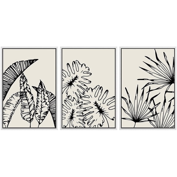 PixonSign Framed Canvas Print Wall Art Set Duotone Jungle Palm Plant Banana Leaf Collage Abstract Shapes Illustrations Modern Art Boho Decorative for Living Room, Bedroom, Office - 16"x24"x3 WHITE