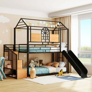 Aukfa Twin over Twin Bunk Bed with Slide, Metal House Bunk Bed with Staircase and Shelves for Kids - Black
