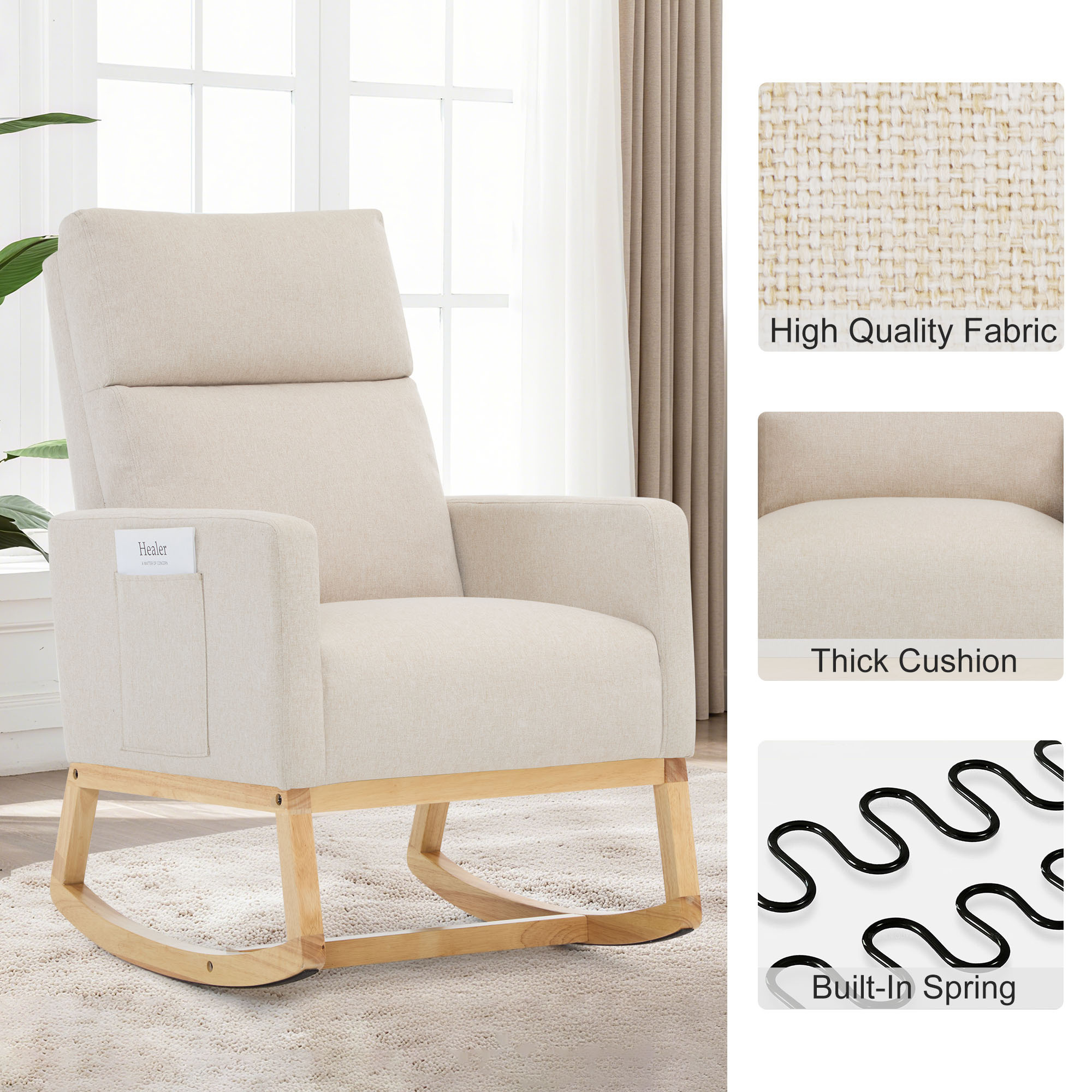 SAETSFEG Rocking Chair Nursery,Linen Upholstered Glider Rocker with Side Pocket and Wood Legs, Modern Accent Chair for Small Space, Living Room, Bedroom, Beige
