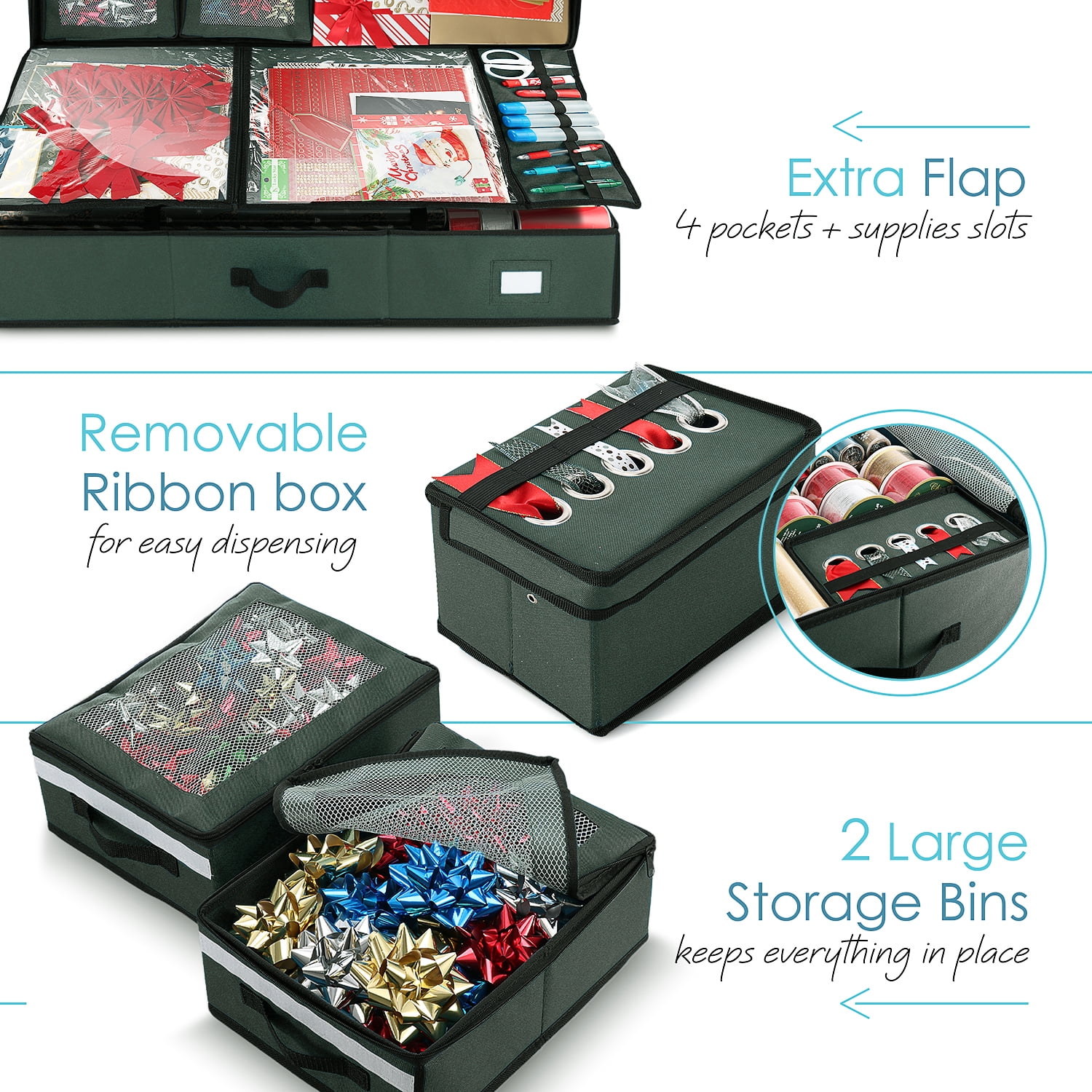 LAMMALOE Holiday Storage Organizer, Wrapping Paper & Christmas Supply Storage Container Set, Standard Capacity, 40" x 14" x 7"