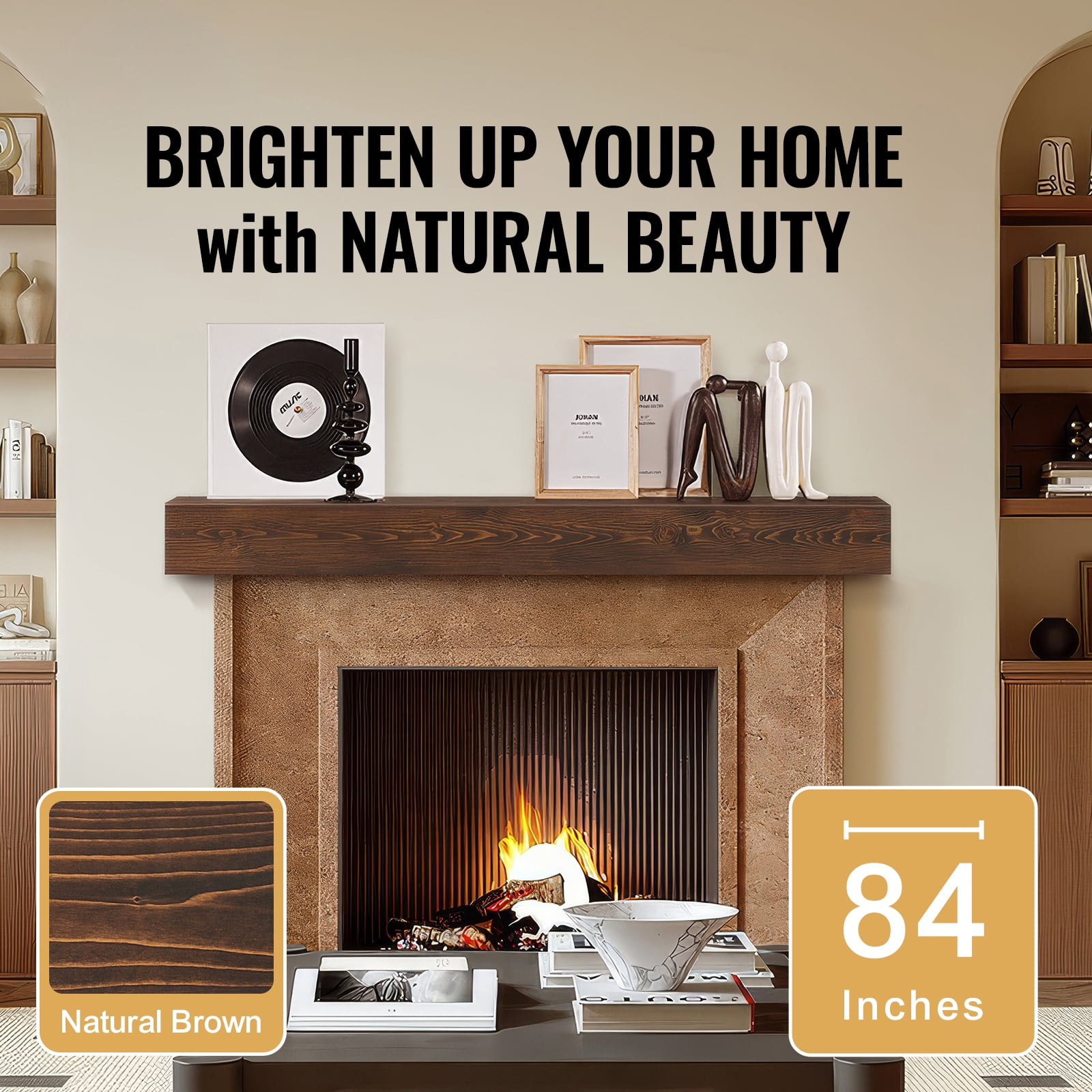 KFFKFF Natural Wood Fireplace Shelf, 84"x8"x6", Supports up to 50 lbs, Wall-Mounted Rustic Farmhouse Mantel, Crafted for Decorative Wall Above Fireplace, in Natural Brown