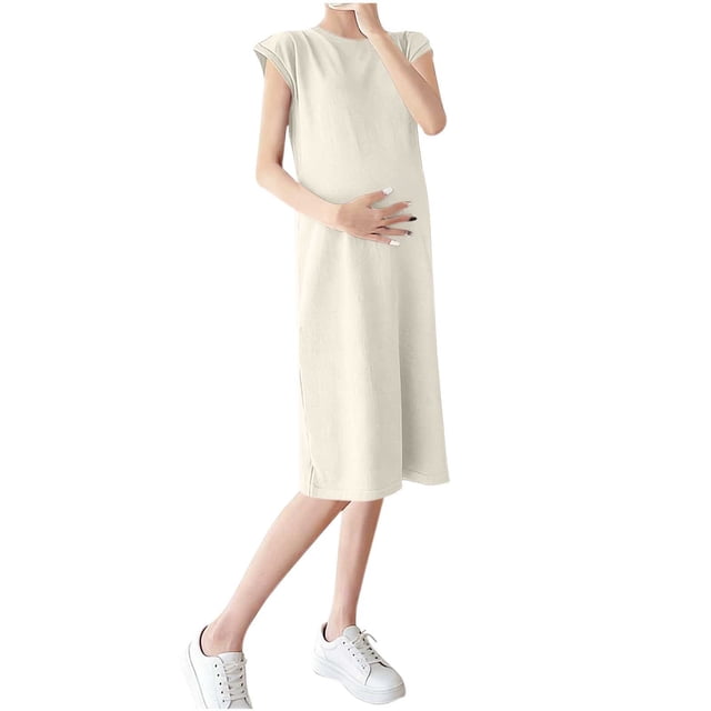 Robe de Maternité pour Femmes Manches Courtes Col Rond Couleur Unie Robe de Grossesse Ample