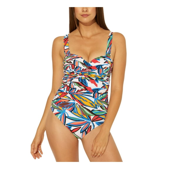 BLEU Women's White Printed Stretch Full Coverage Molded Cup One Piece Swimsuit 6