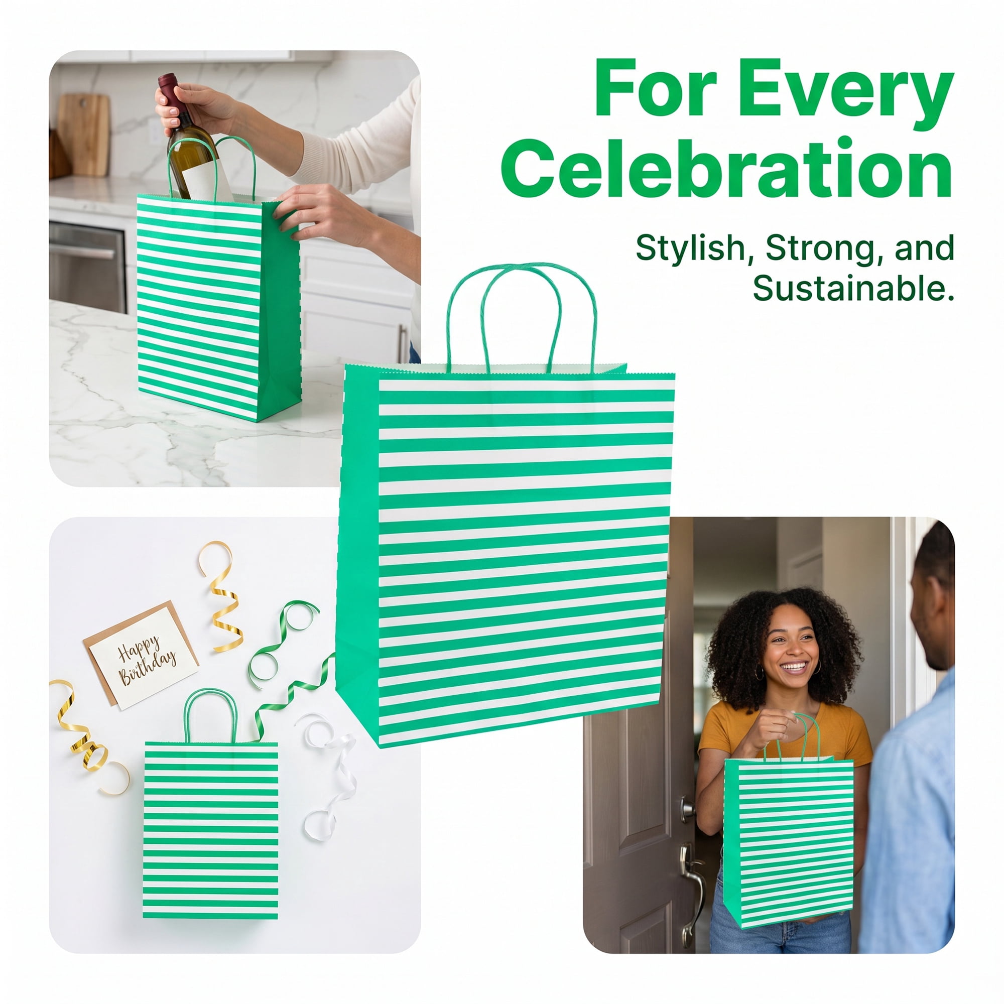 Unique Bargains Horizontal-stripe Gift Bag for Celebrations Green 5.2" x 3.2" x 8.4"